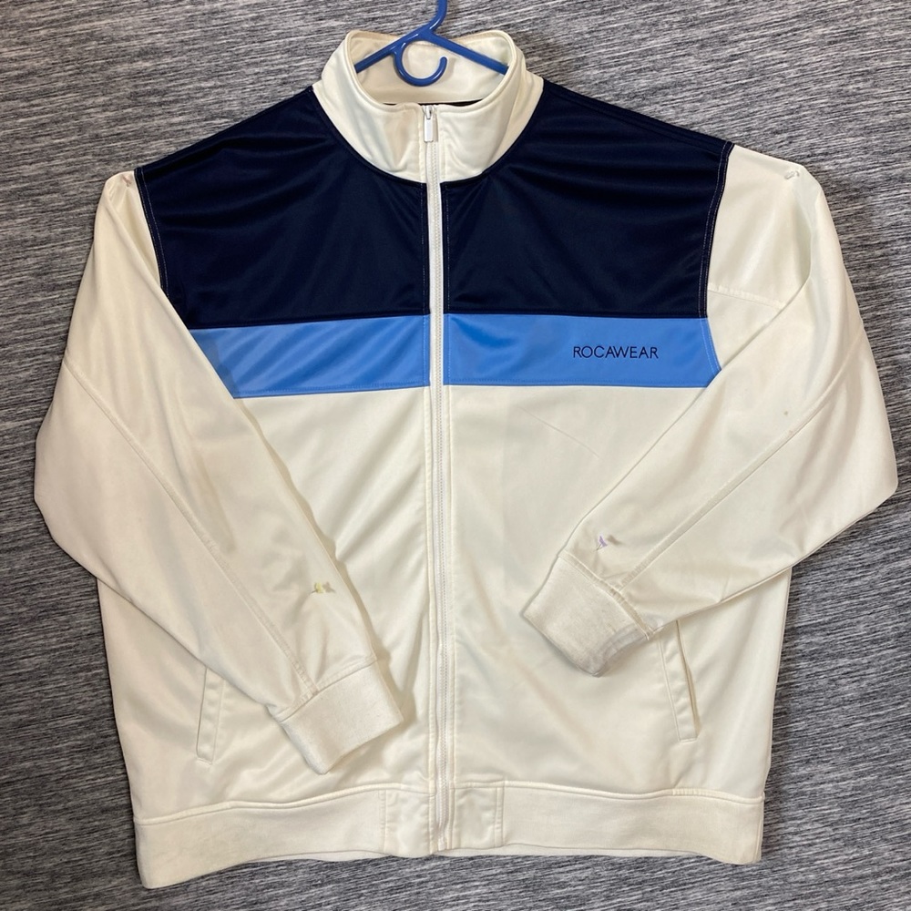 RocaWear Men’s Cream Color Block Blue Skyblue MockNeck Full Zip Track Jacket